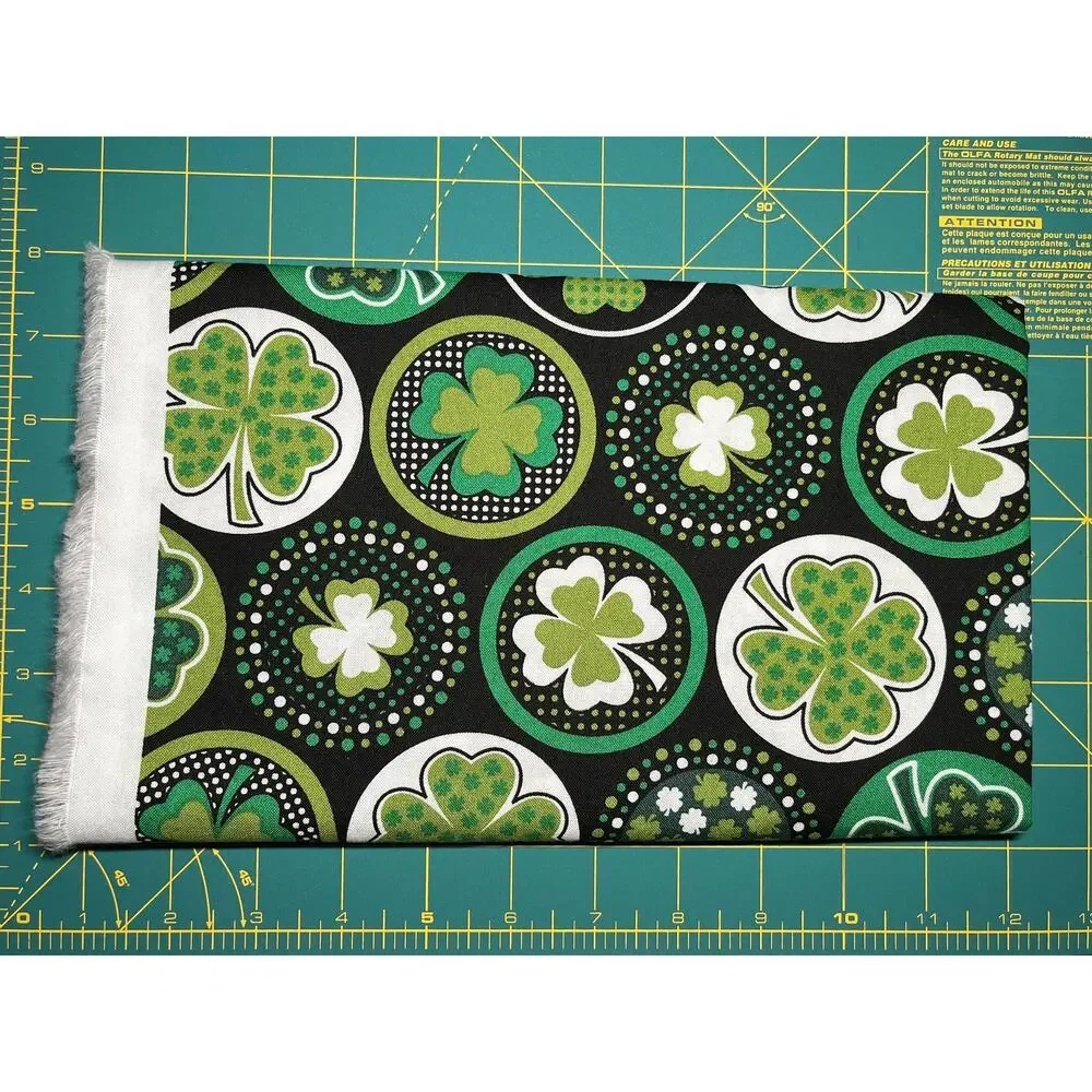 Shamrocks with Dots Black Background St. Patrick's Day Cotton Fabric 3/4 yard